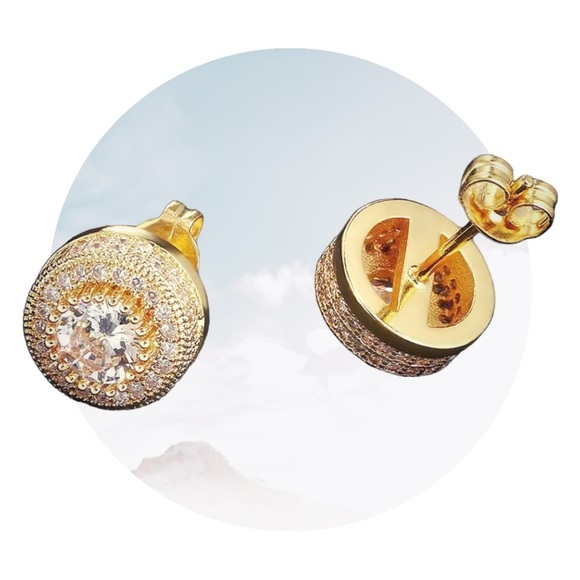 NEW 18K Gold-Plated Steel Micro Pavé Rhinestone Halo Stud Earrings Unisex - Picture 12 of 13